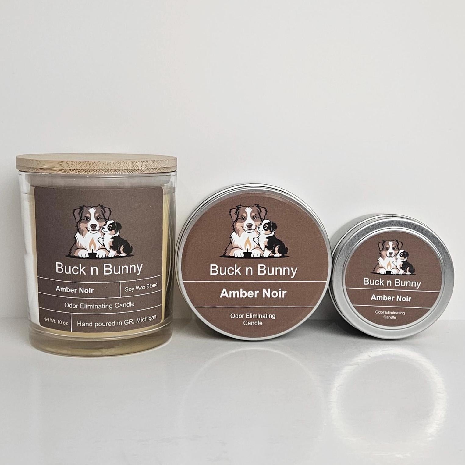 Candle collection in 3 sizes, scented as Amber Noir. Buck n Bunny Co. Odor Eliminating Candle for Dog Moms