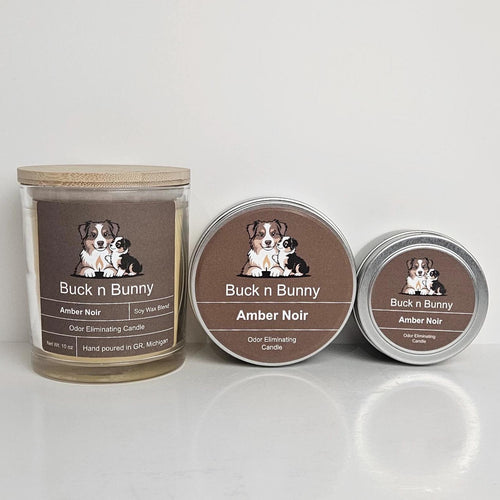 Candle collection in 3 sizes, scented as Amber Noir. Buck n Bunny Co. Odor Eliminating Candle for Dog Moms