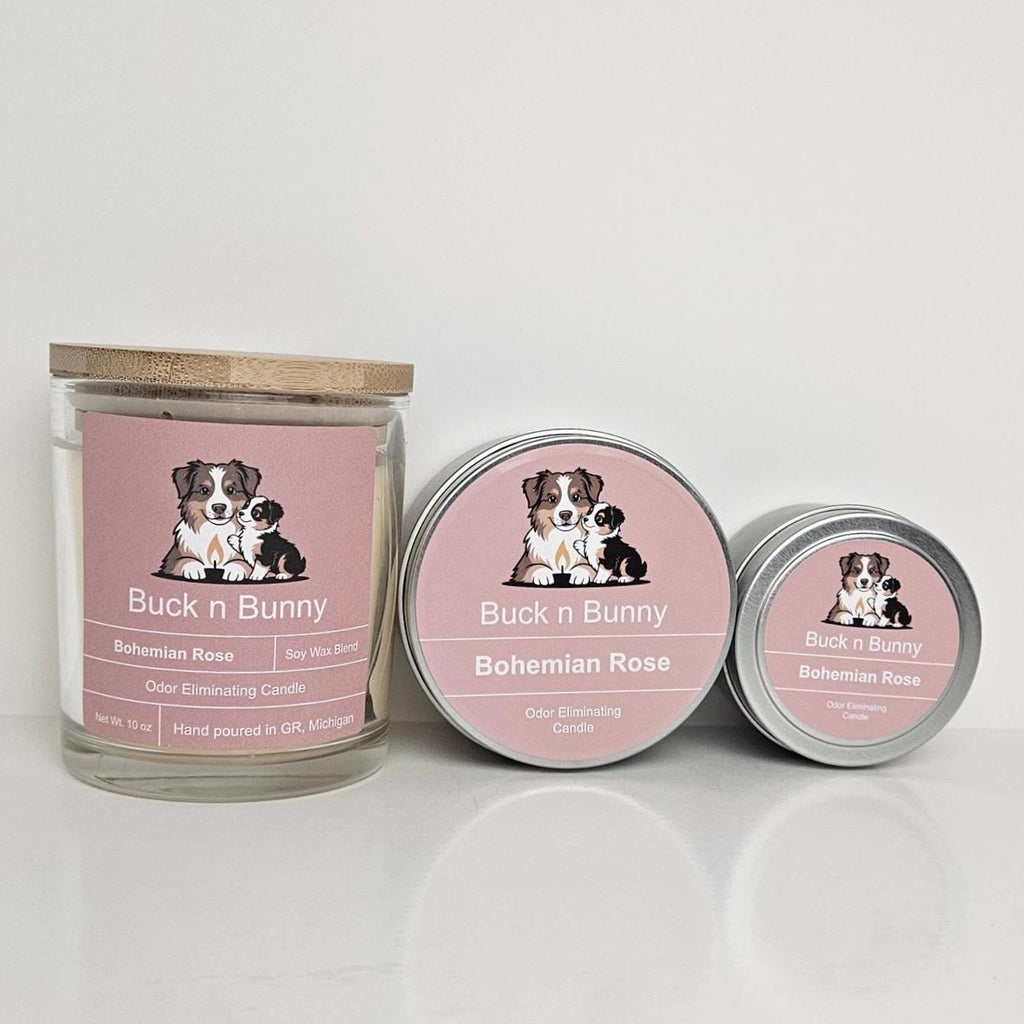 Buck n Bunny Co. Odor Eliminating Candle for Dog Moms, Full Scent Collection Bohemian Rose