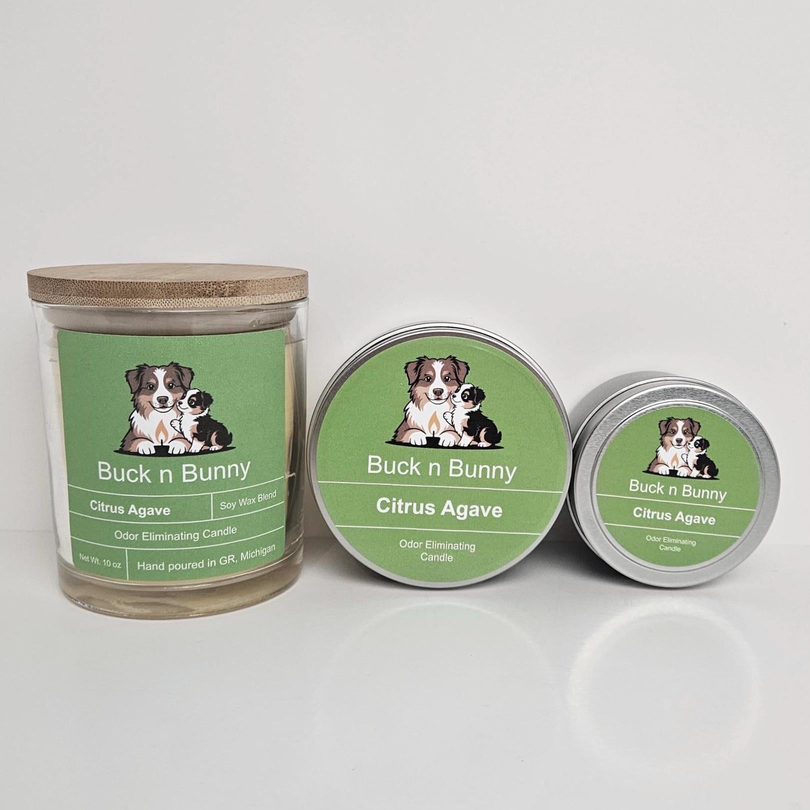 Buck n Bunny Co. Odor Eliminating Candle for Dog Moms, full scent collection Citrus Agave