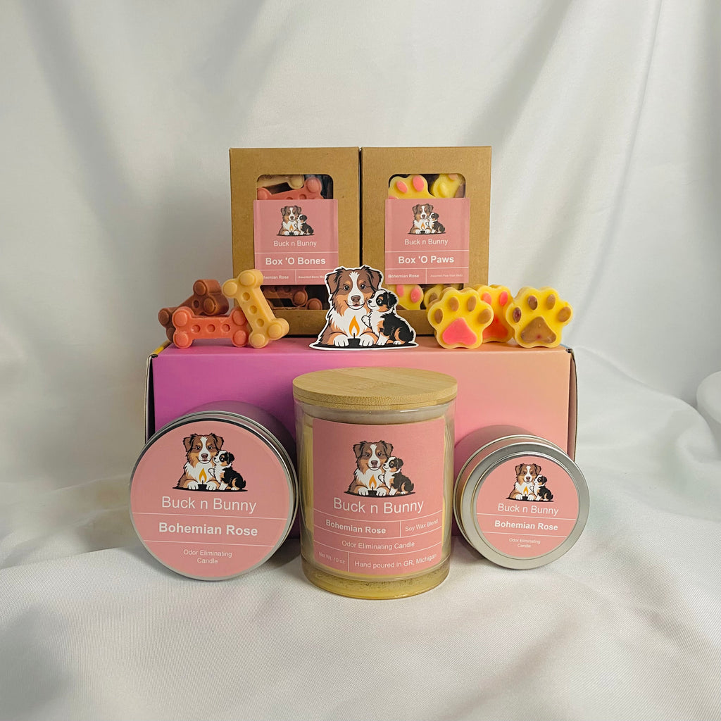 Full Collection of Bohemian Rose Odor Eliminating Candles and Wax Melts.
