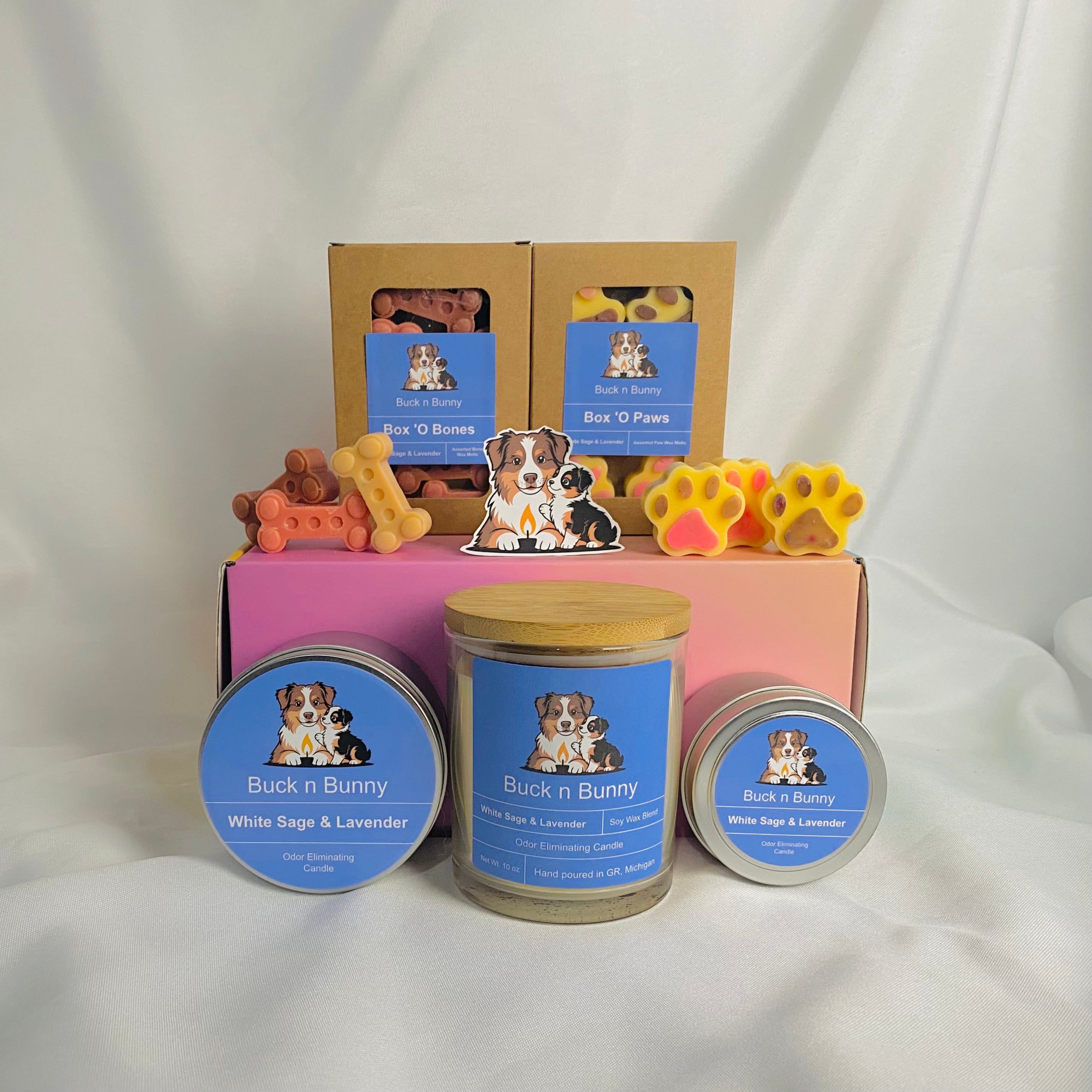 Full Collection of White Sage and Lavender Odor Eliminating Candles and Wax Melts.